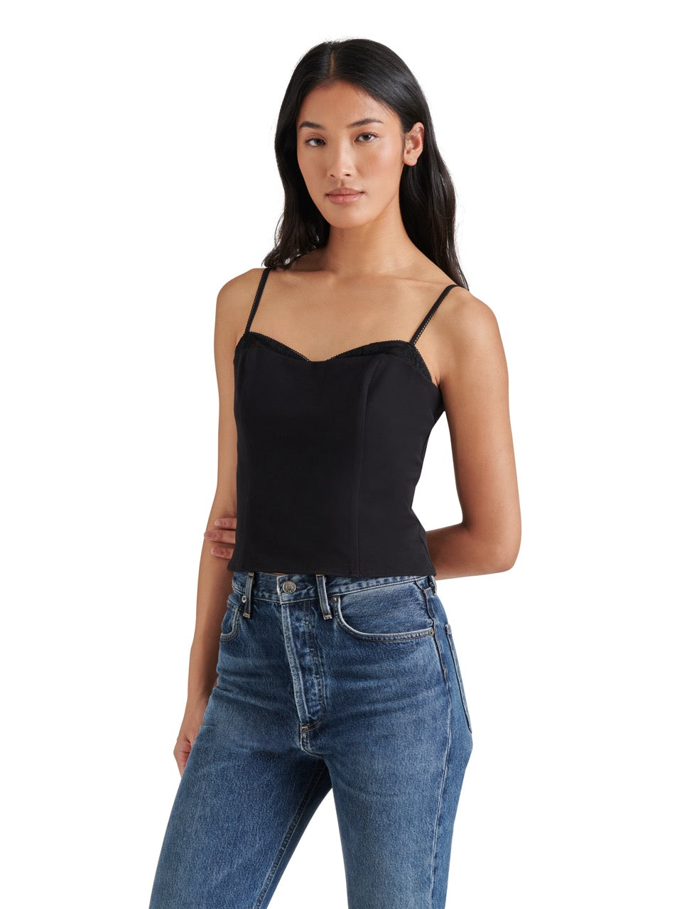 Steve Madden Cooper Smocked Bustier Top in black-front