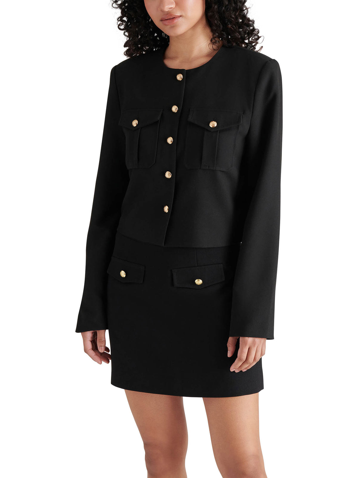 Steve Madden Cosette Button Front No Collar Jacket in Black