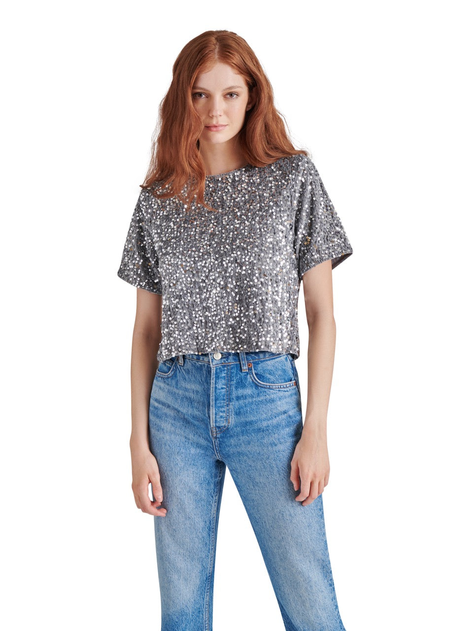 Steve Madden Cressa Sequin Velvet Top  in grey-front