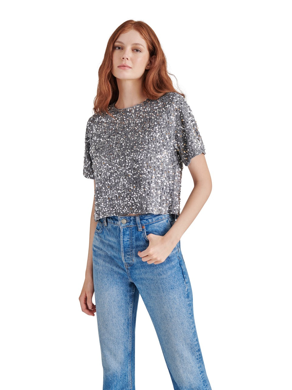 Steve Madden Cressa Sequin Velvet Top  in grey-front