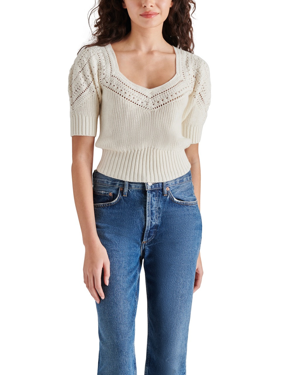 Steve Madden Darcia Short Sleeve Sweater in ivory-front view
