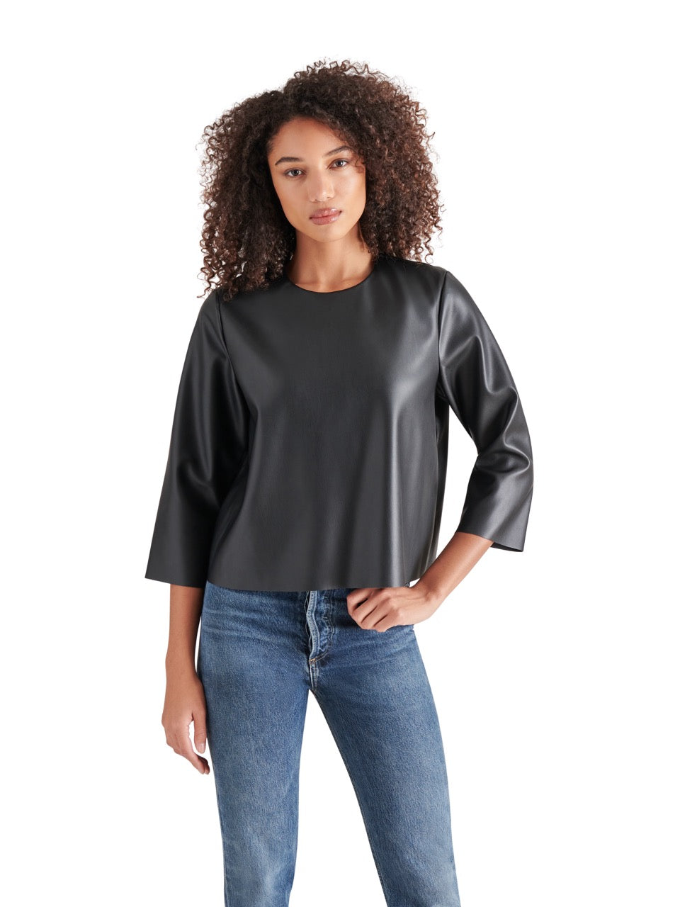 Steve Madden Dee Faux Leather Top in black-front