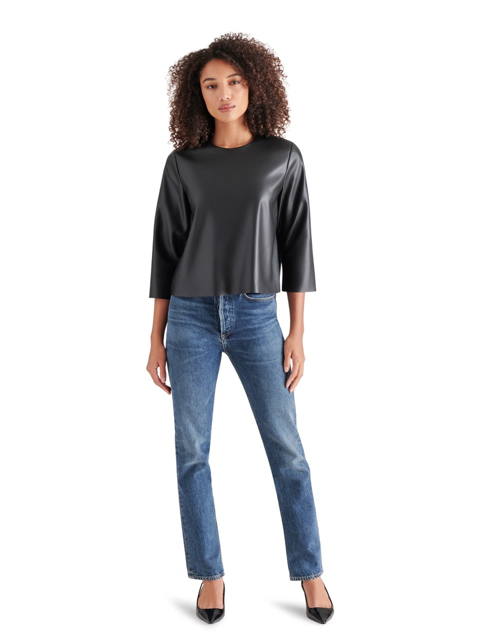 Steve Madden Dee Faux Leather Top in black-front