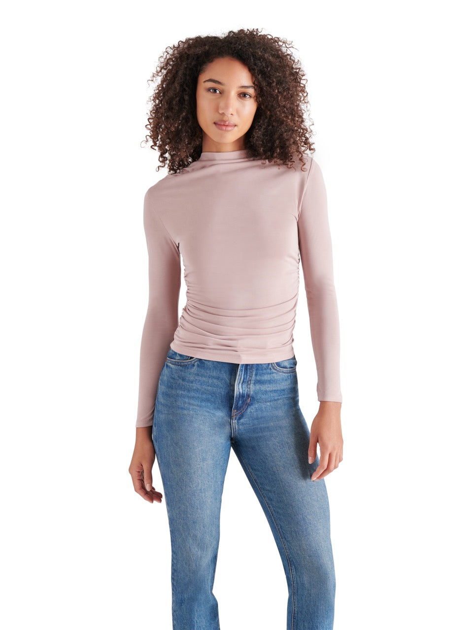 Steve Madden Elvira Drape Neck Ruched Top rose smoke-front