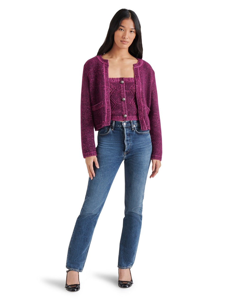 Steve Madden Emelia Sweater Jacket in aubergine-front