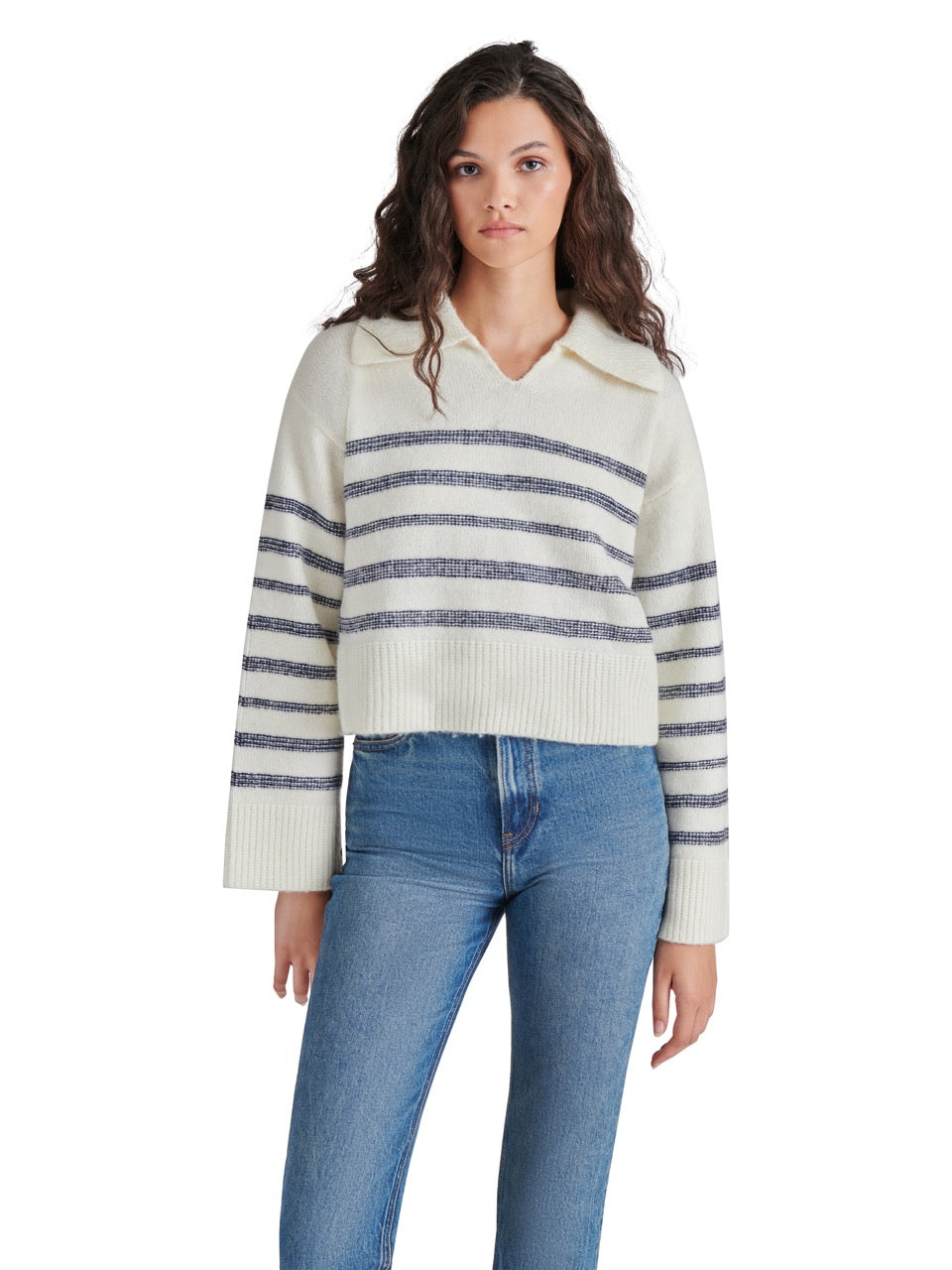 Steve Madden Esther Stripe Collared Sweater in cloud cream-front