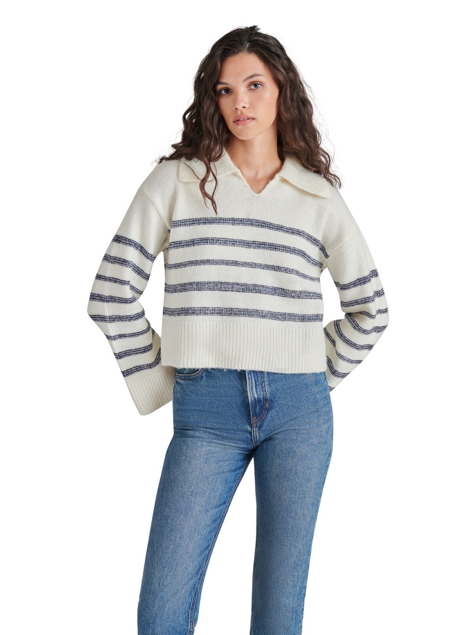 Steve Madden Esther Stripe Collared Sweater in cloud cream-front