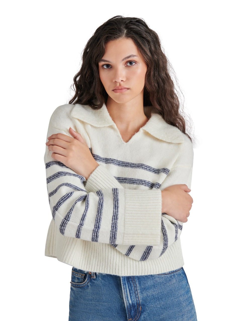 Steve Madden Esther Stripe Collared Sweater in cloud cream-front