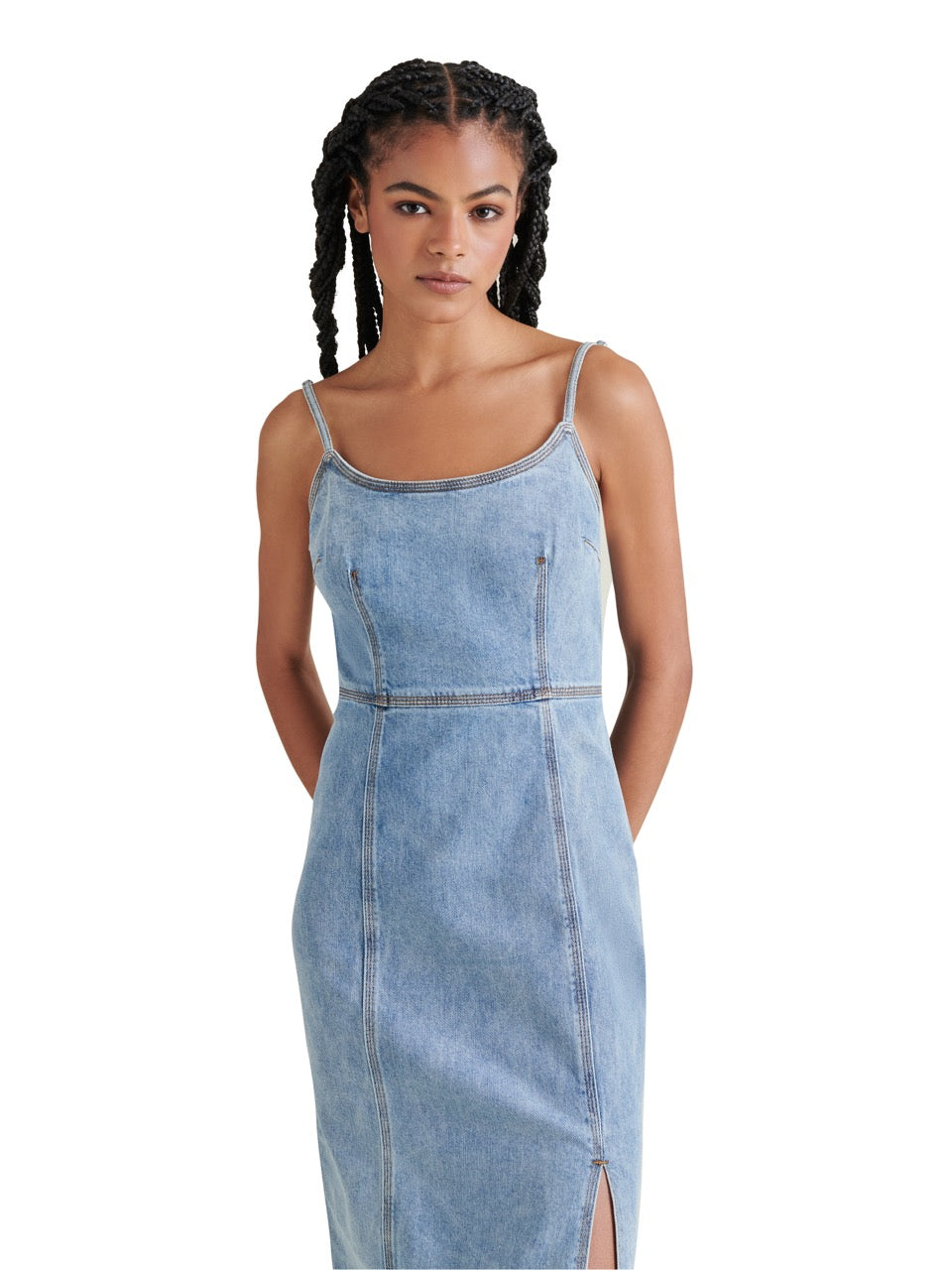 Steve Madden Giselle Fitted Midi Dress in denim blue -front