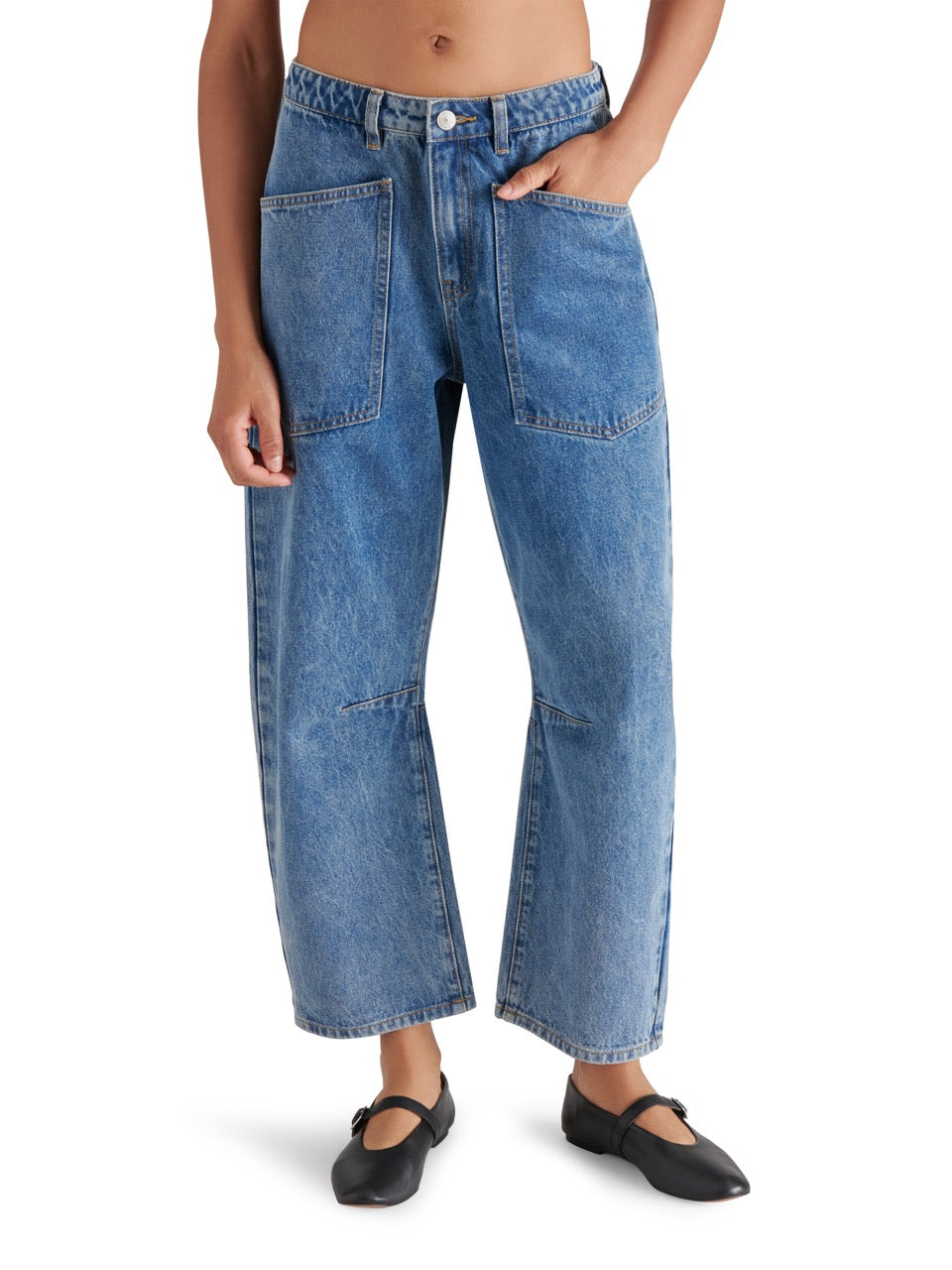 steve madden haniel denim barrel pant in blue denim-front