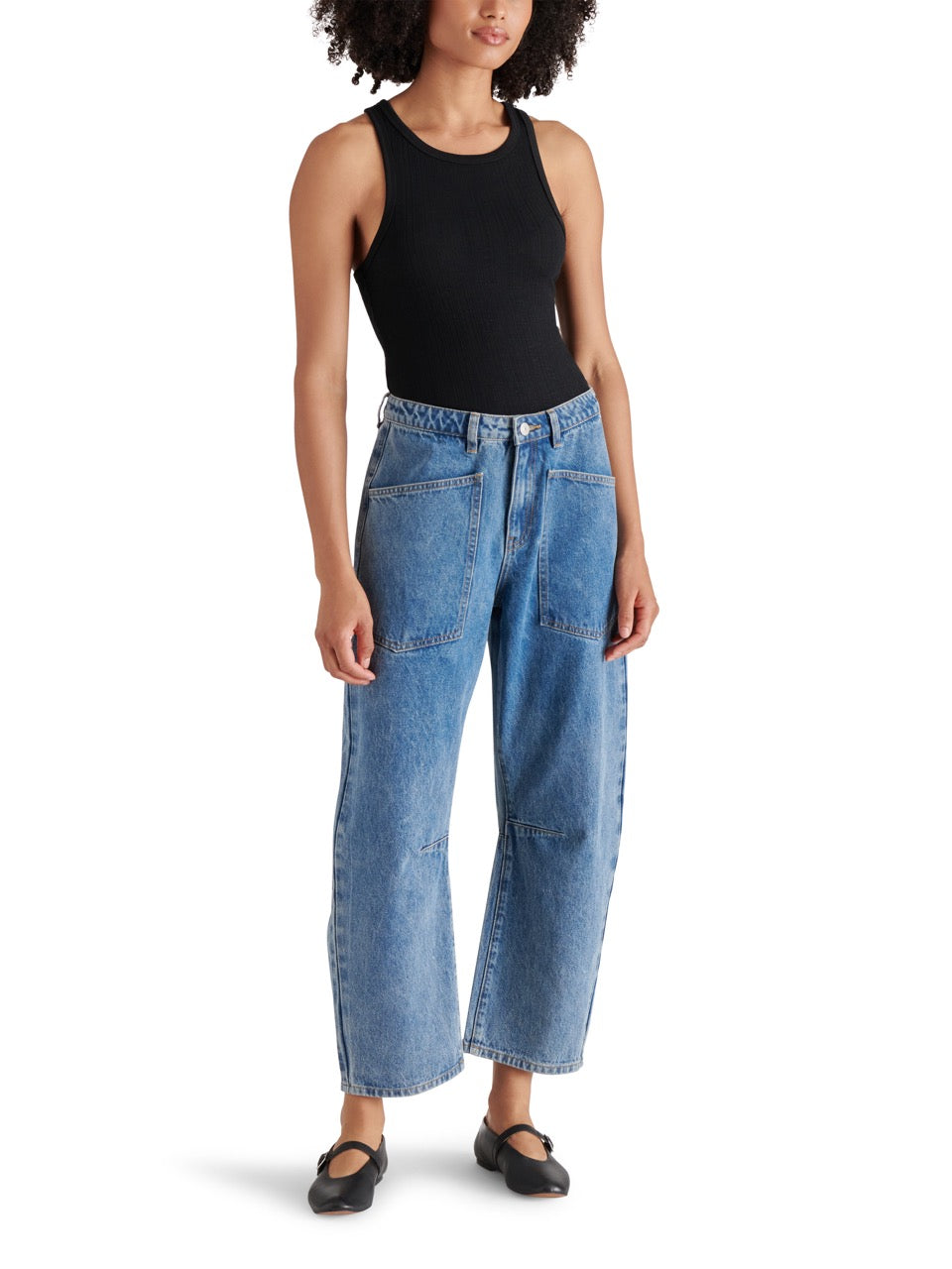 steve madden haniel denim barrel pant in blue denim-front