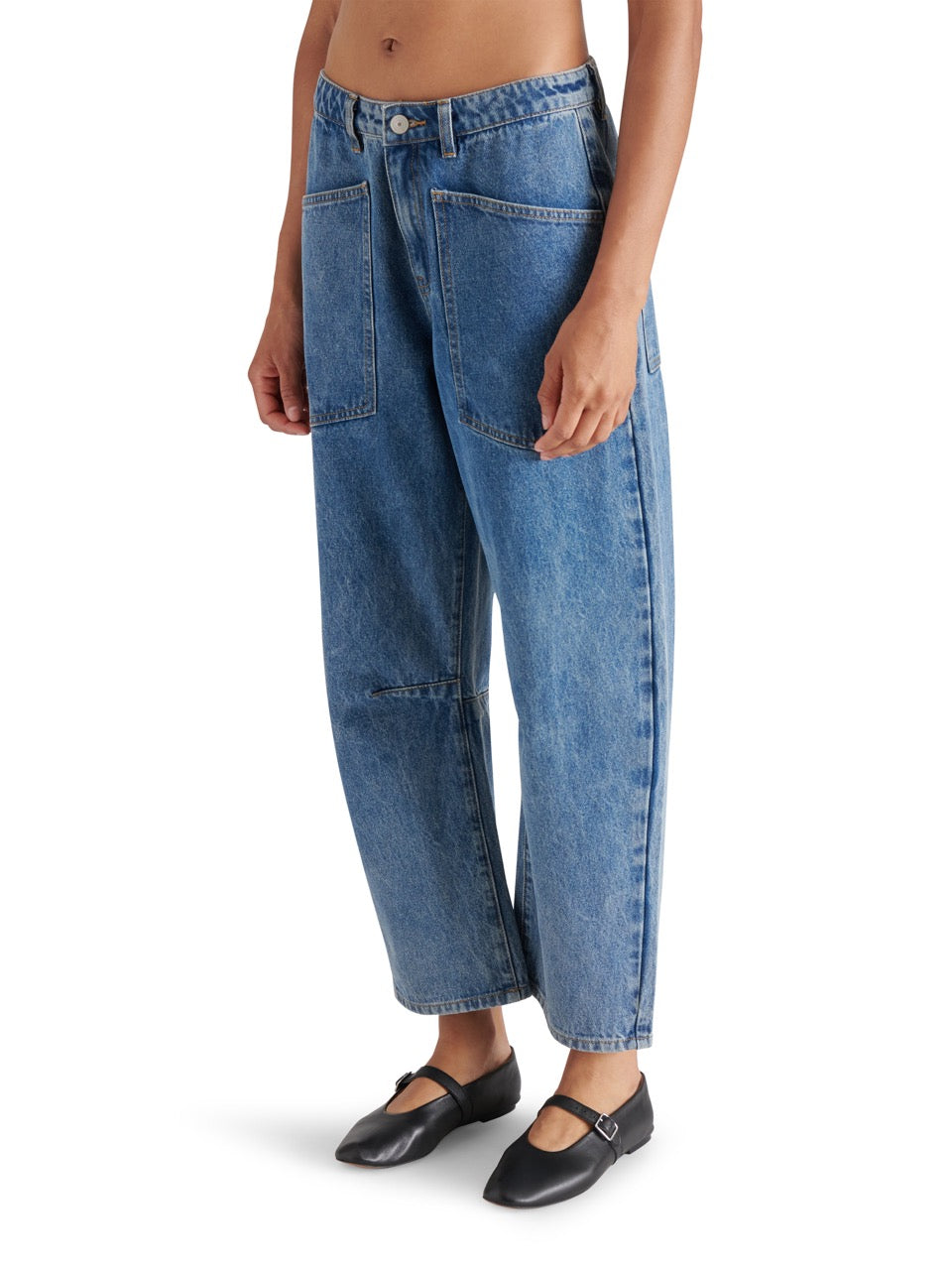 steve madden haniel denim barrel pant in blue denim-side