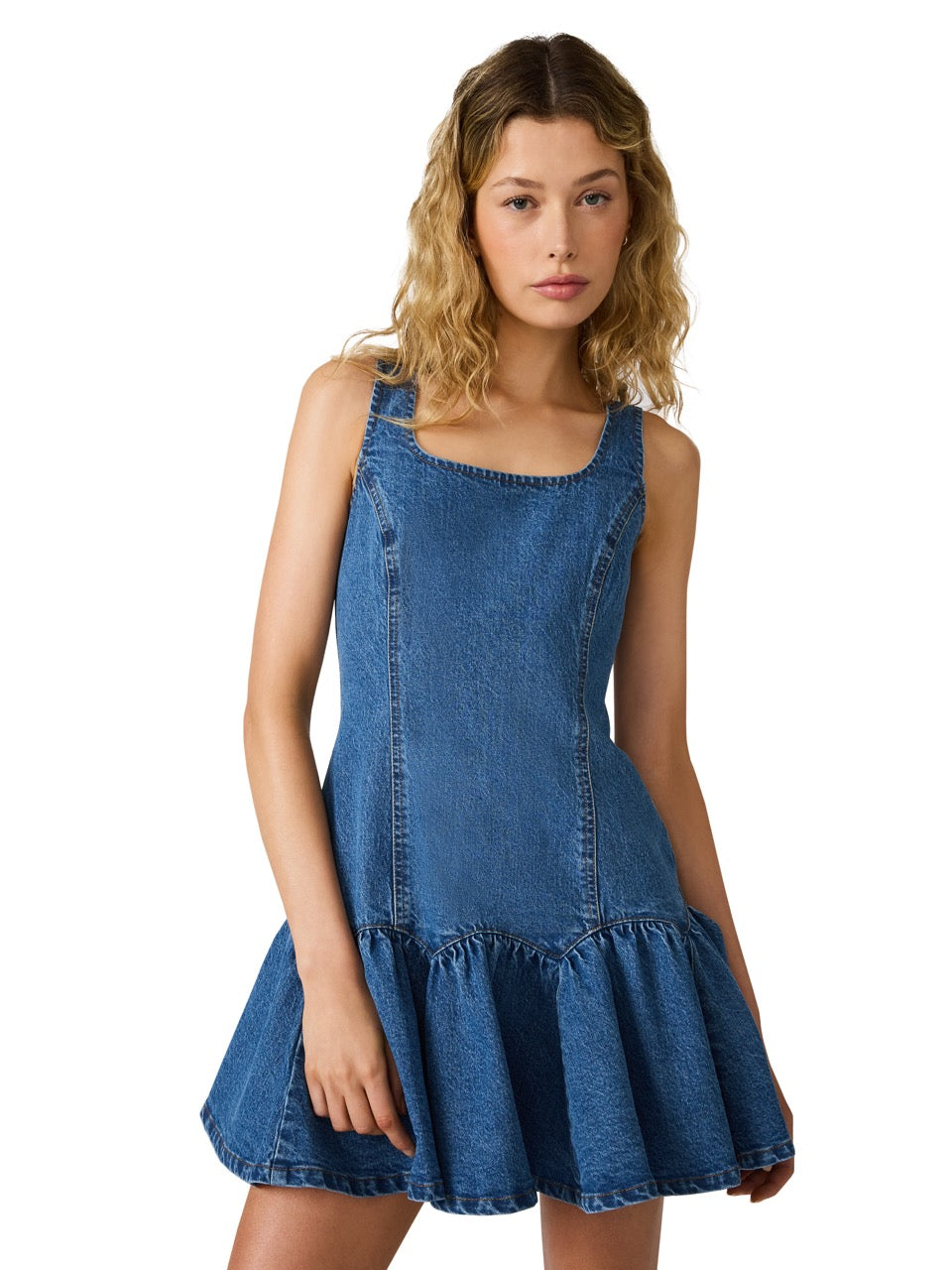 steve madden denim dress Women's Meaghan Sleeveless Dresses - Blue Heather - Size XS This fitted midi dress features adjustable straps and an exposed back zip closure for a perfect fit Steve Madden Adara Dress Denim