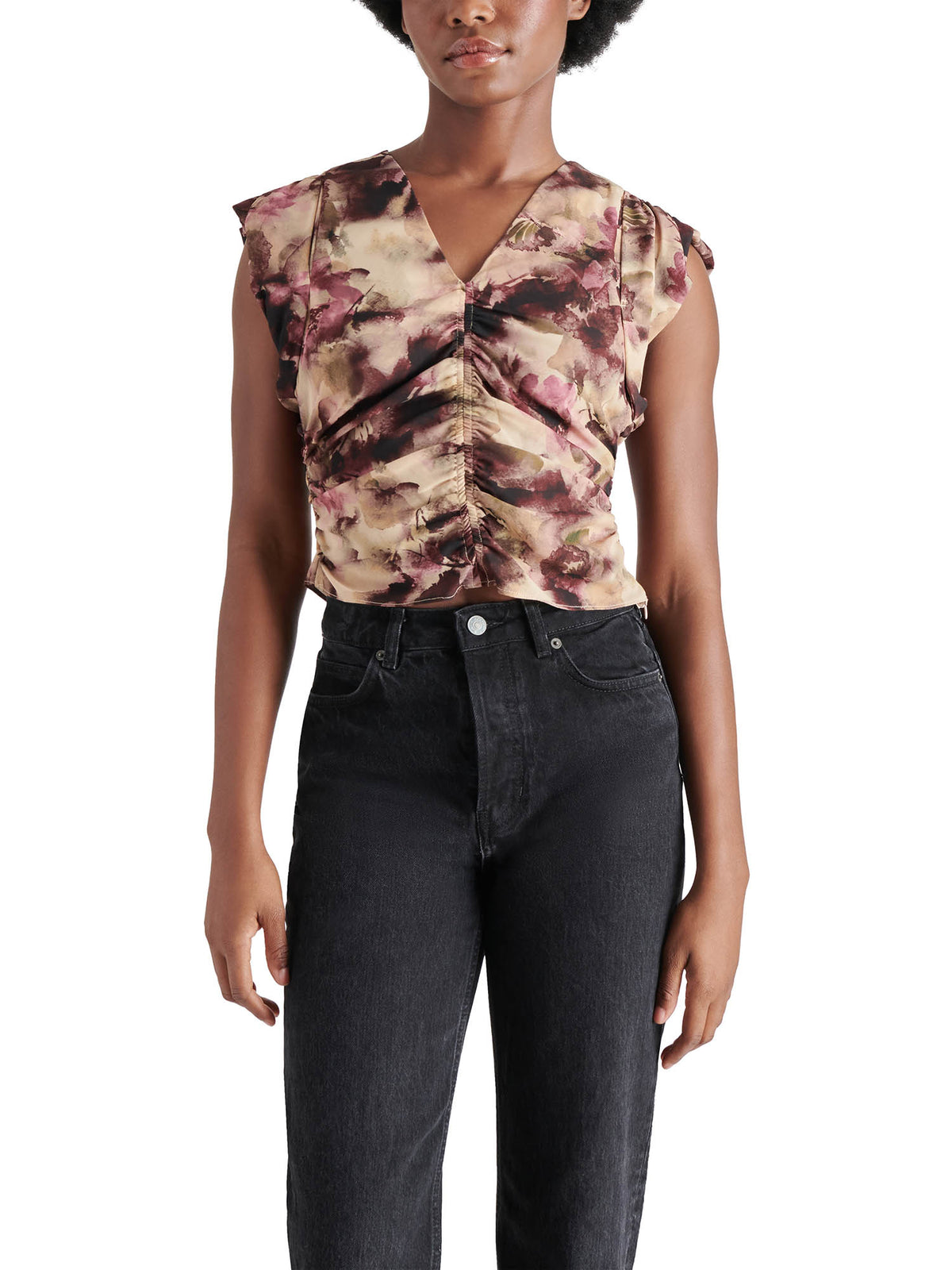 Steve Madden Honey Floral Sleeveless Ruched Top in Autumn Mauve