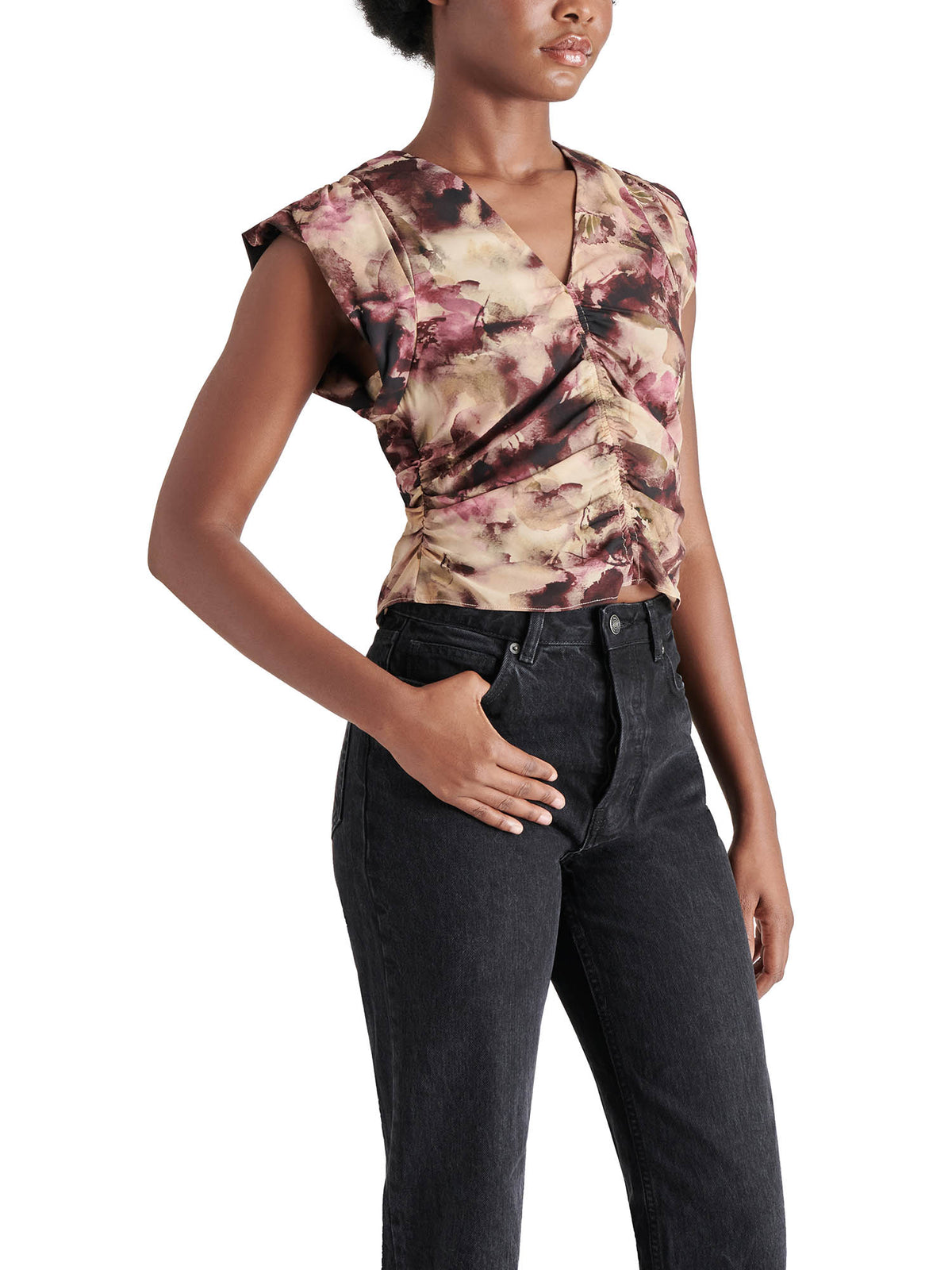 Steve Madden Honey Floral Sleeveless Ruched Top in Autumn Mauve