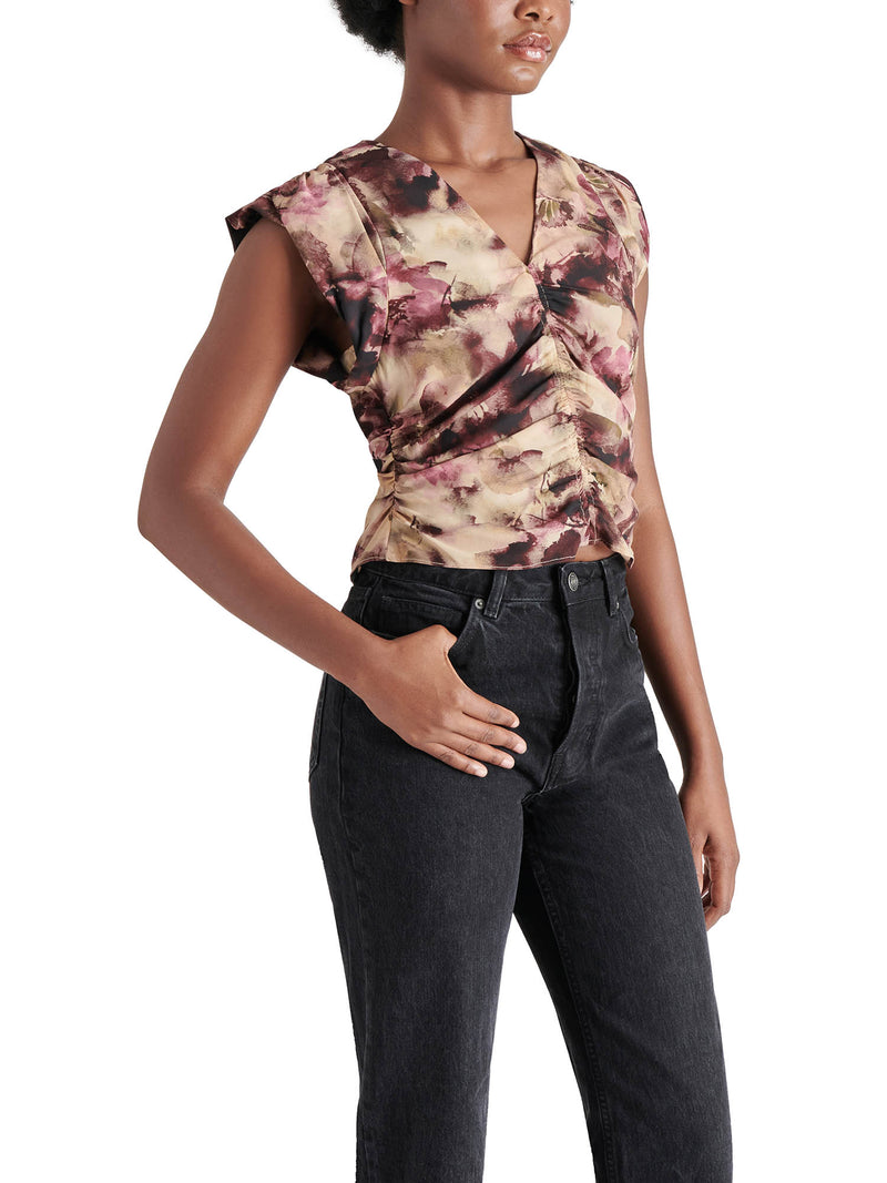 Steve Madden Honey Floral Sleeveless Ruched Top in Autumn Mauve