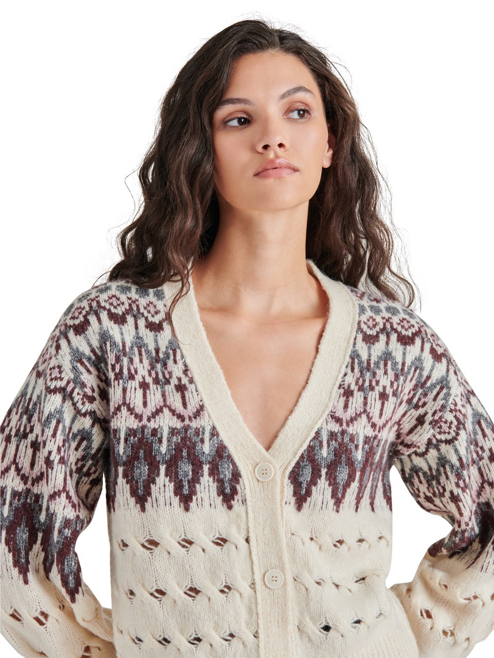 Steve Madden Irisa Fair Isle Cardigan in cream-front