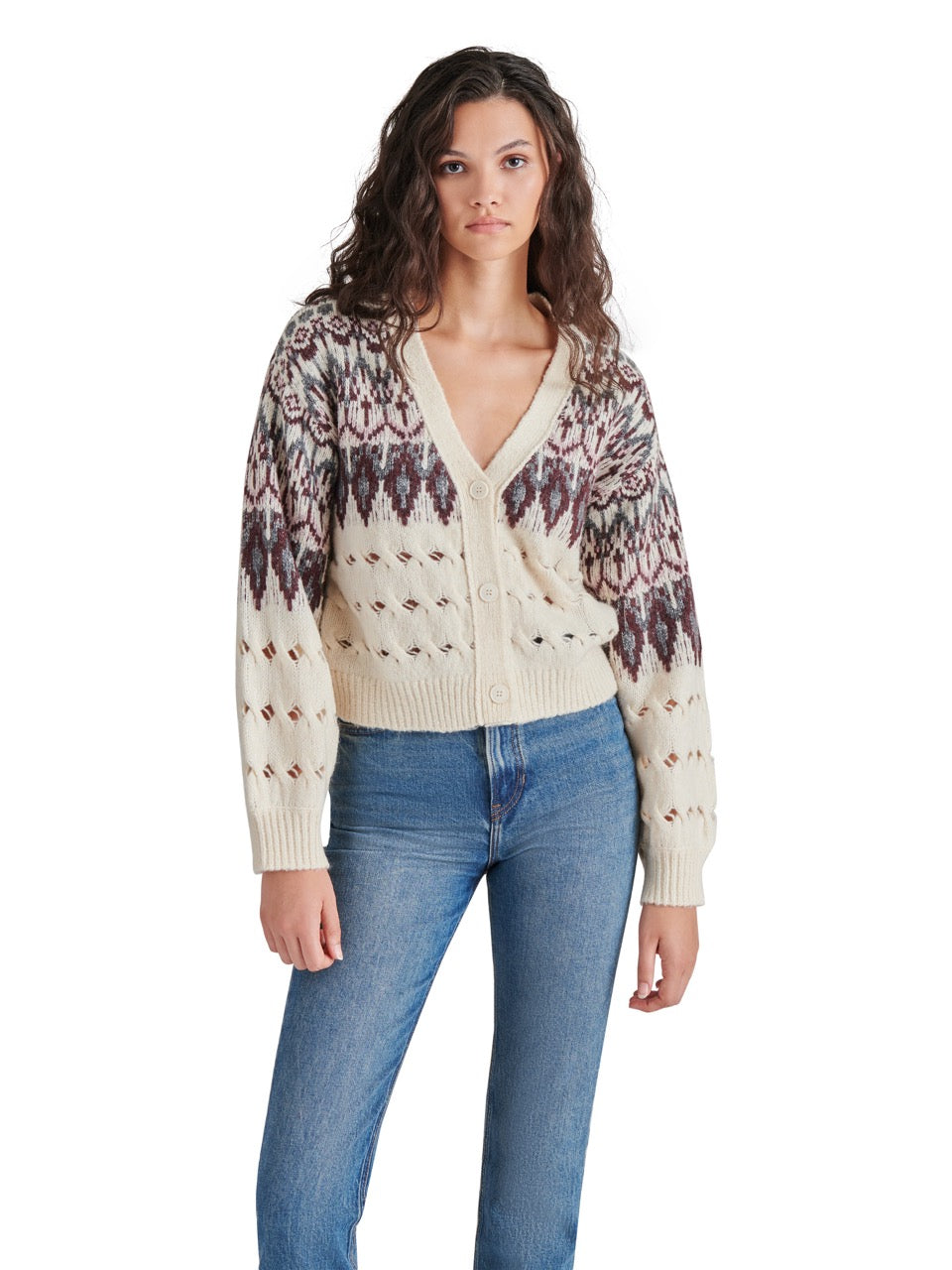 Steve Madden Irisa Fair Isle Cardigan in cream-front