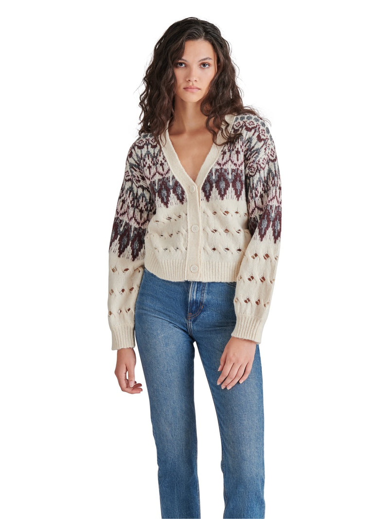 Steve Madden Irisa Fair Isle Cardigan in cream-front