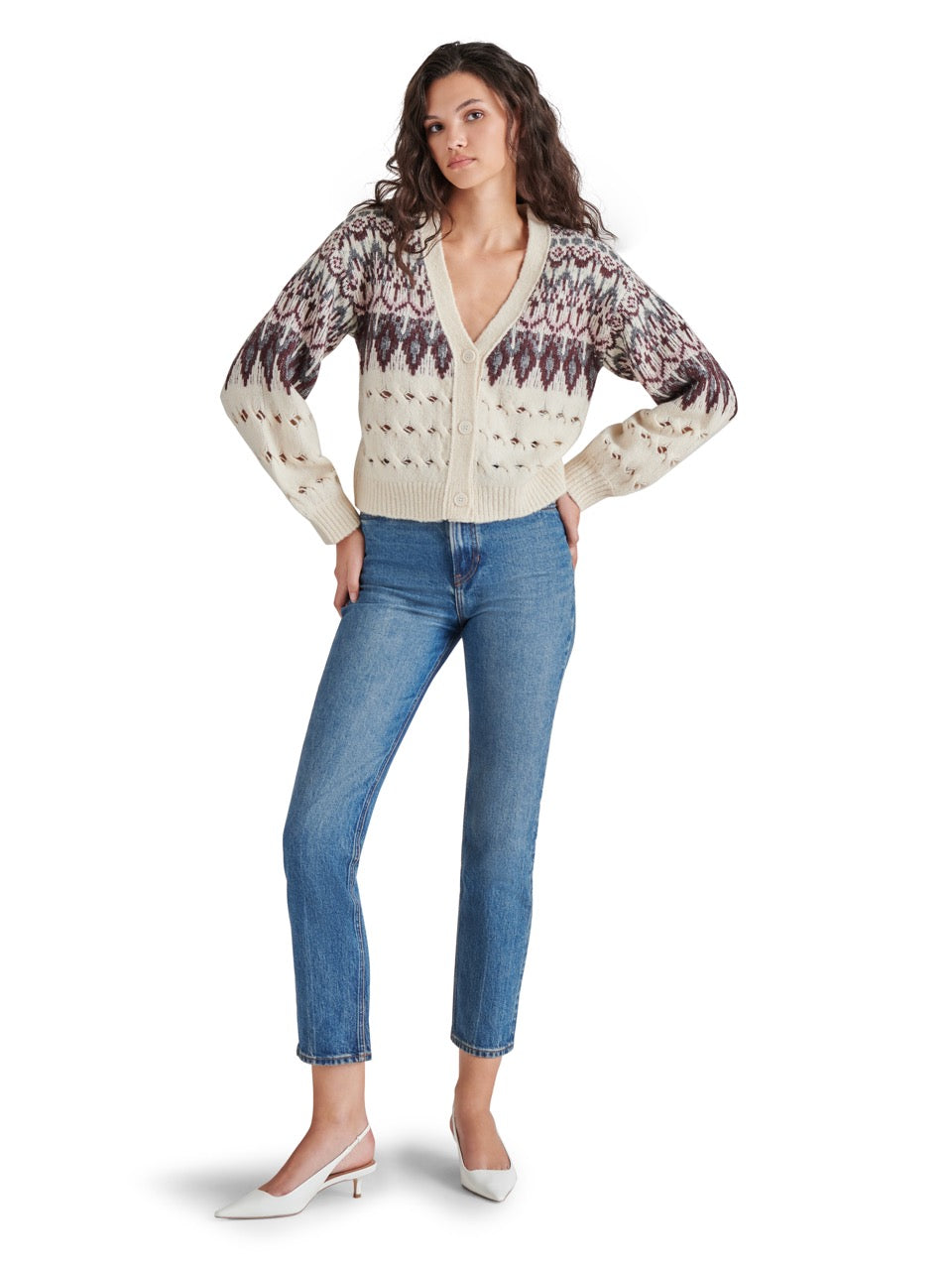 Steve Madden Irisa Fair Isle Cardigan in cream-front