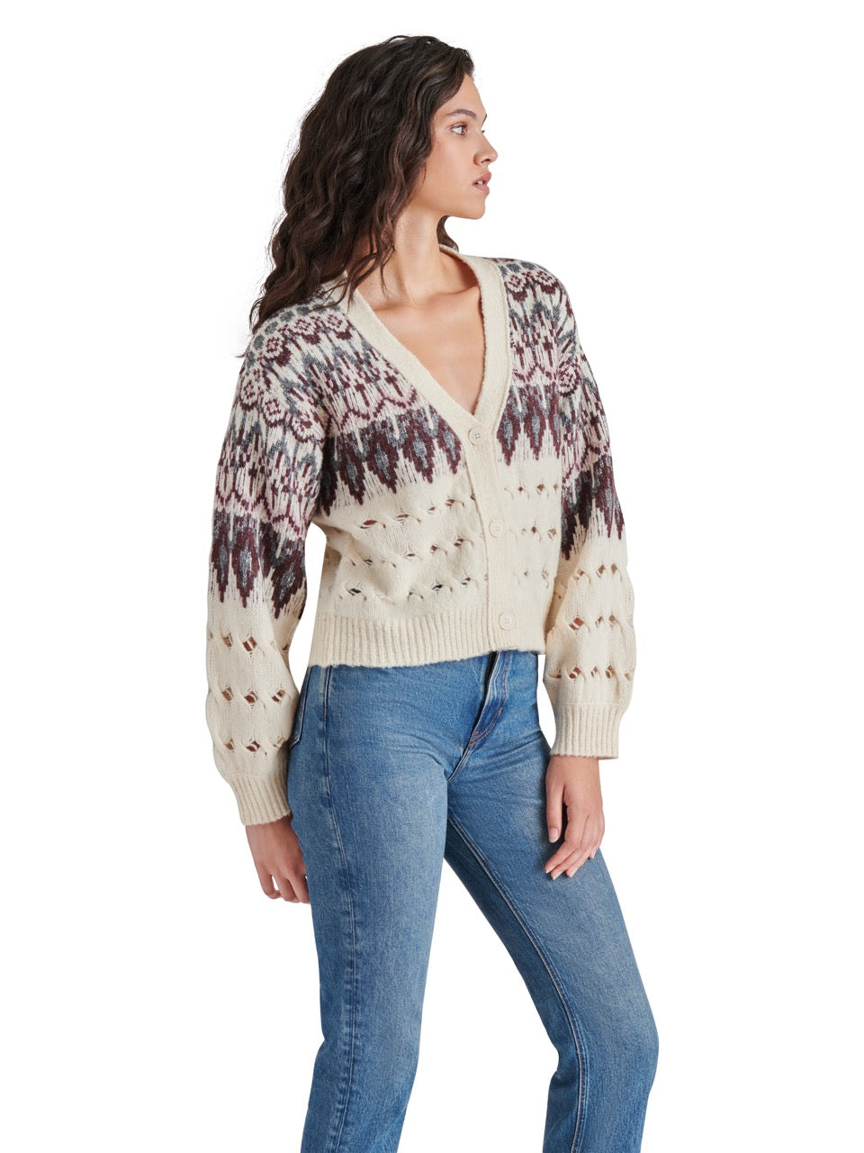 Steve Madden Irisa Fair Isle Cardigan in cream-side