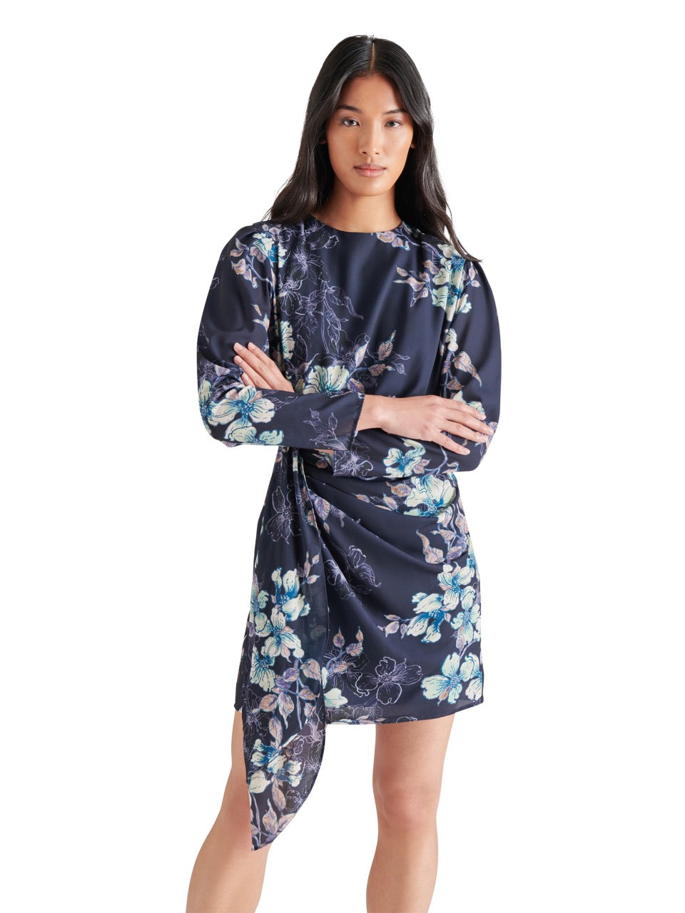 Steve Madden Jasmin Floral Wrap Dress in maritime blue-front