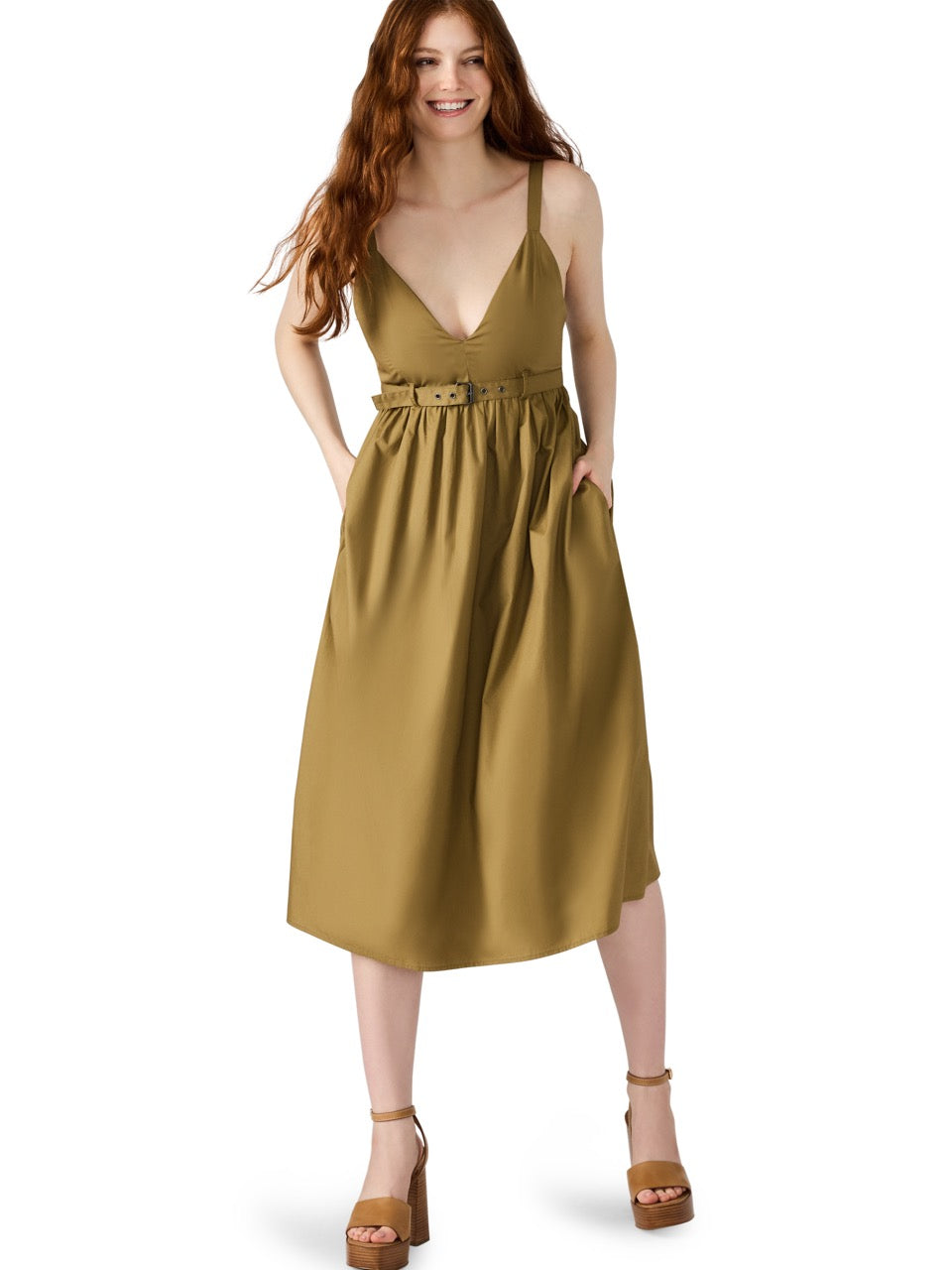 Steve Madden Juno Sleeveless Belted Smocked Dress Olive