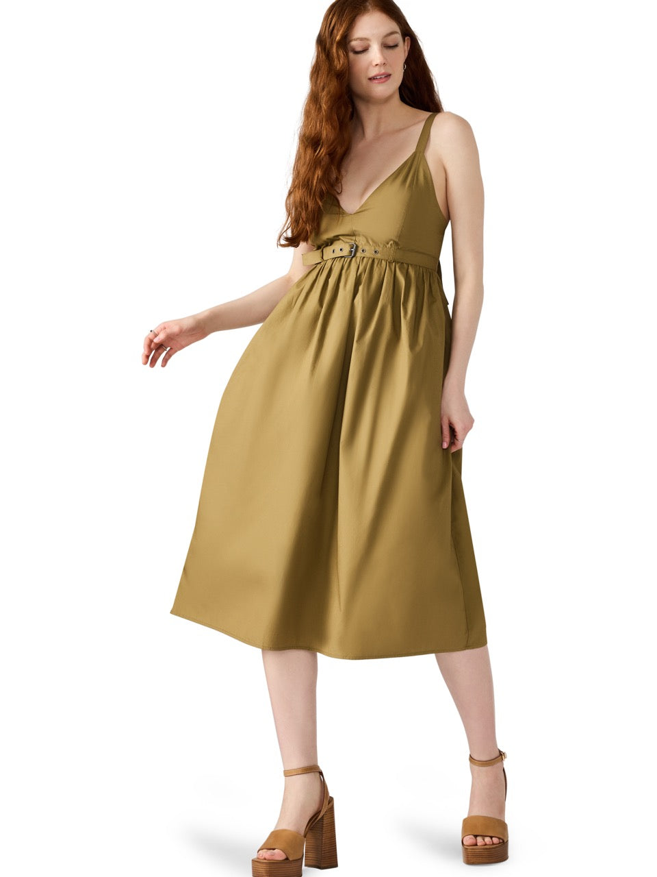 Steve Madden Juno Sleeveless Belted Smocked Dress Olive