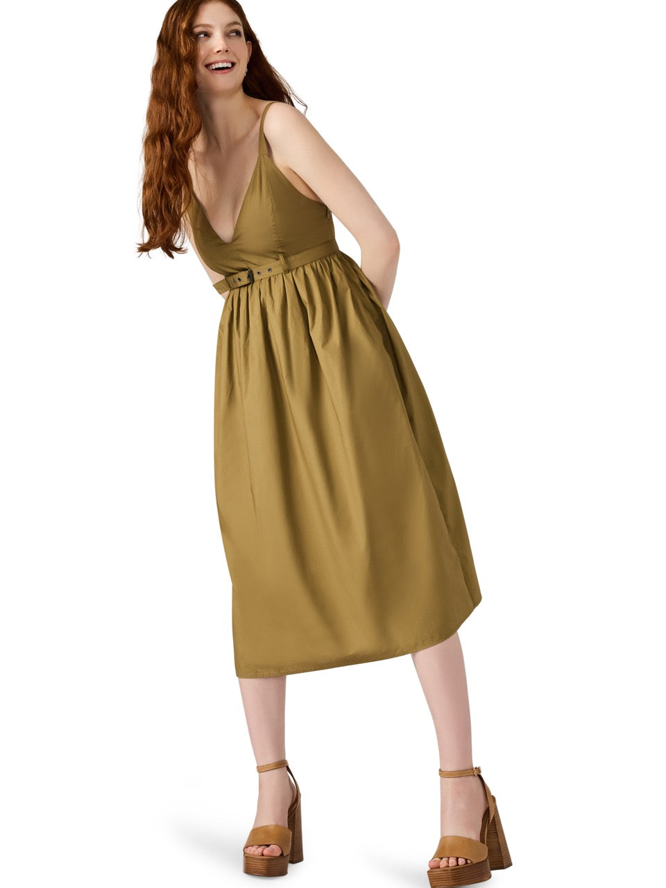 Steve Madden Juno Sleeveless Belted Smocked Dress Olive