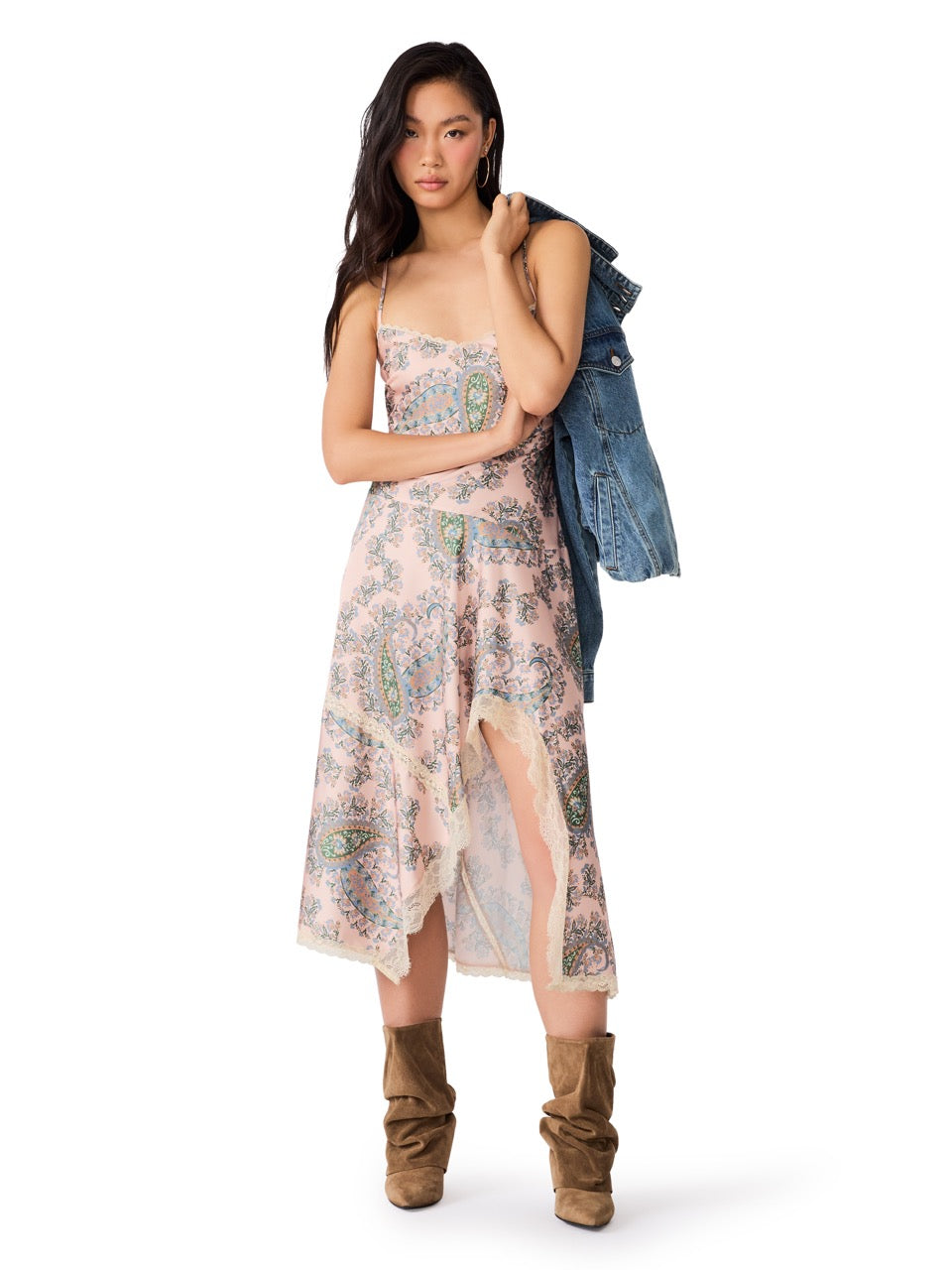 Steve Madden Kamrynn Asymmetric Lace Trim Slip Midi Dress pearl blush 