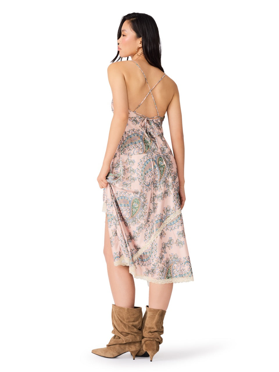 Steve Madden Kamrynn Asymmetric Lace Trim Slip Midi Dress pearl blush 