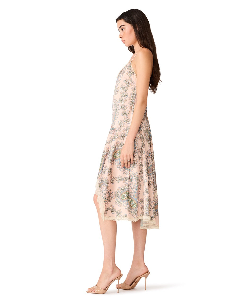 Steve Madden Kamrynn Asymmetric Lace Trim Slip Midi Dress pearl blush 