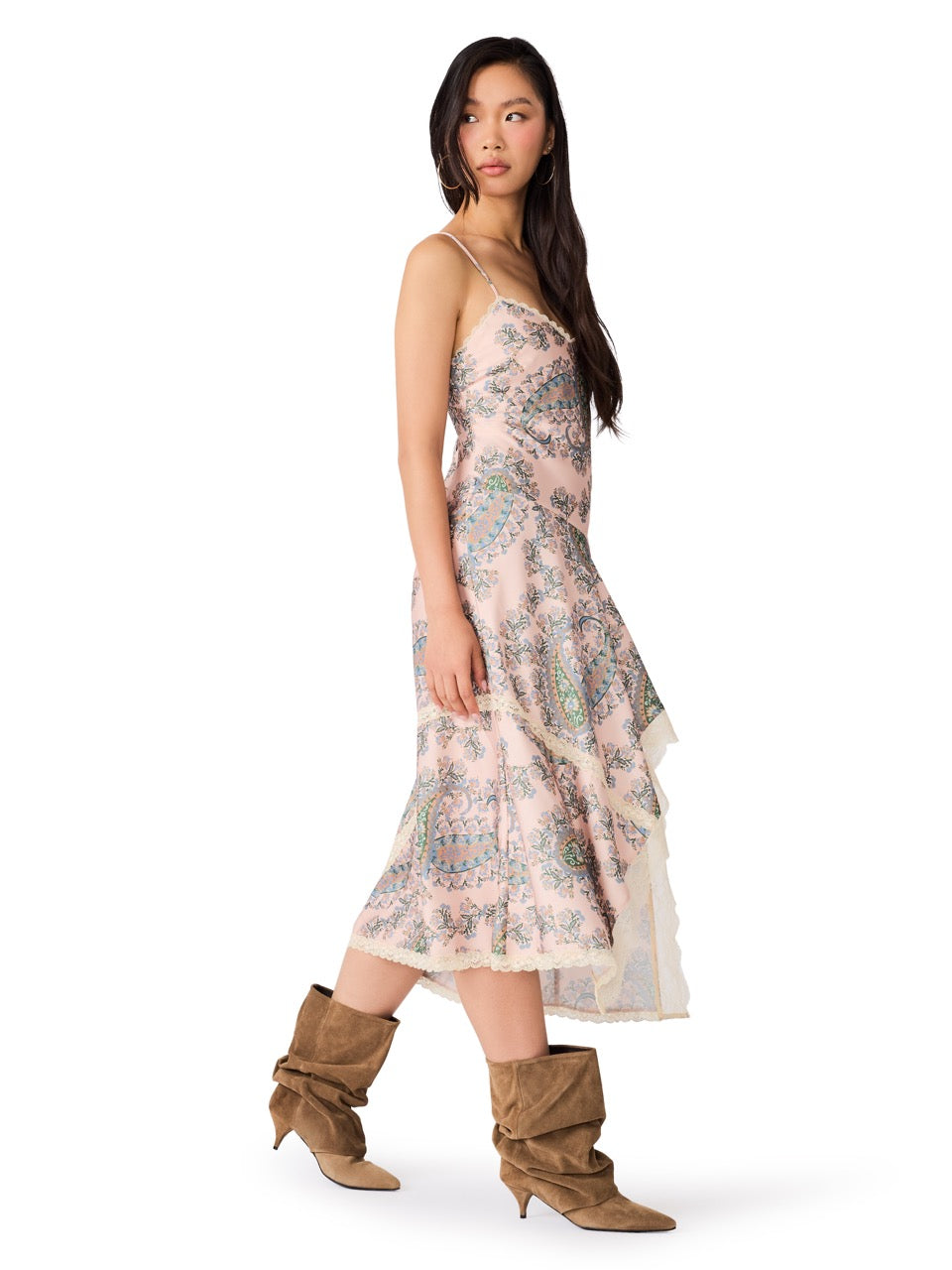 Steve Madden Kamrynn Asymmetric Lace Trim Slip Midi Dress pearl blush 