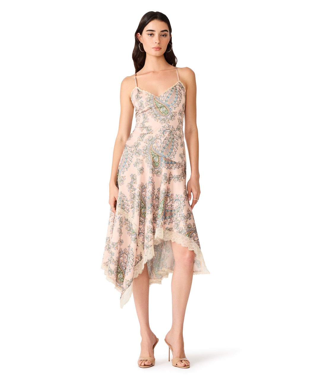 Steve Madden Kamrynn Asymmetric Lace Trim Slip Midi Dress pearl blush 