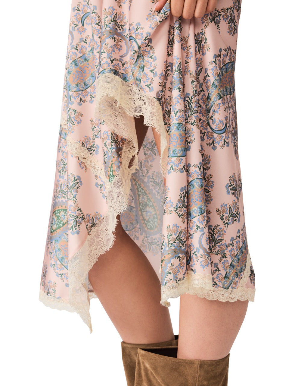 Steve Madden Kamrynn Asymmetric Lace Trim Slip Midi Dress pearl blush 