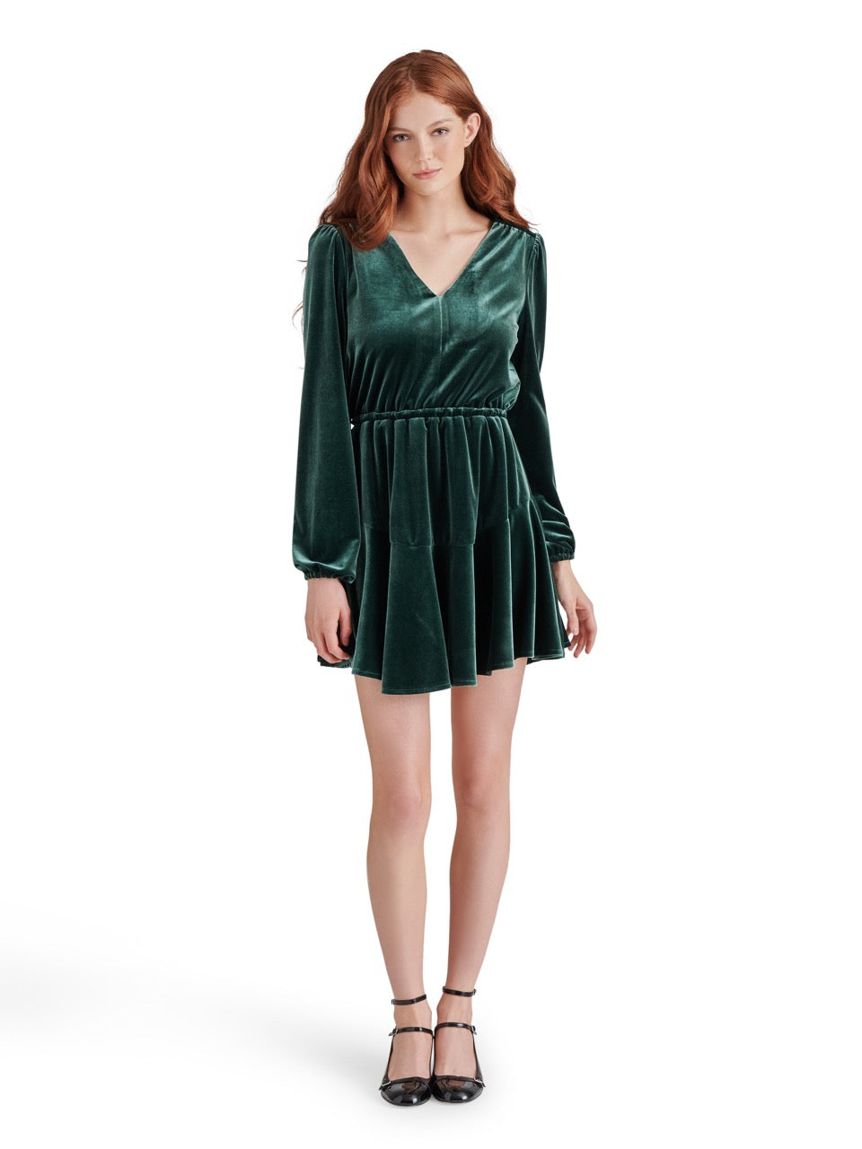 Steve Madden Kara Velvet V-Neck Dress in pine grove-front