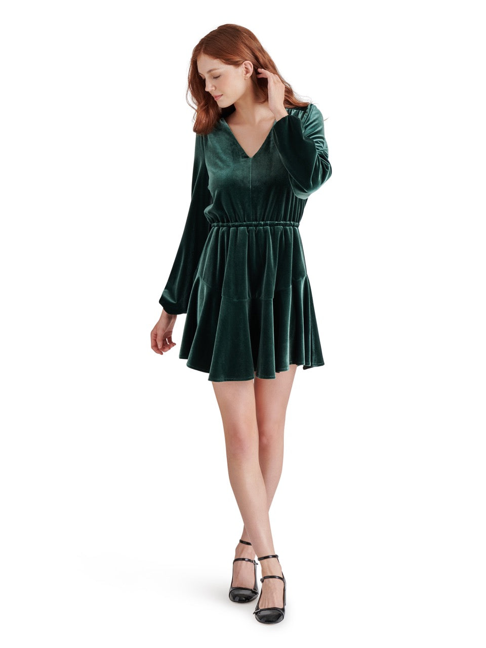 Steve Madden Kara Velvet V-Neck Dress in pine grove-front