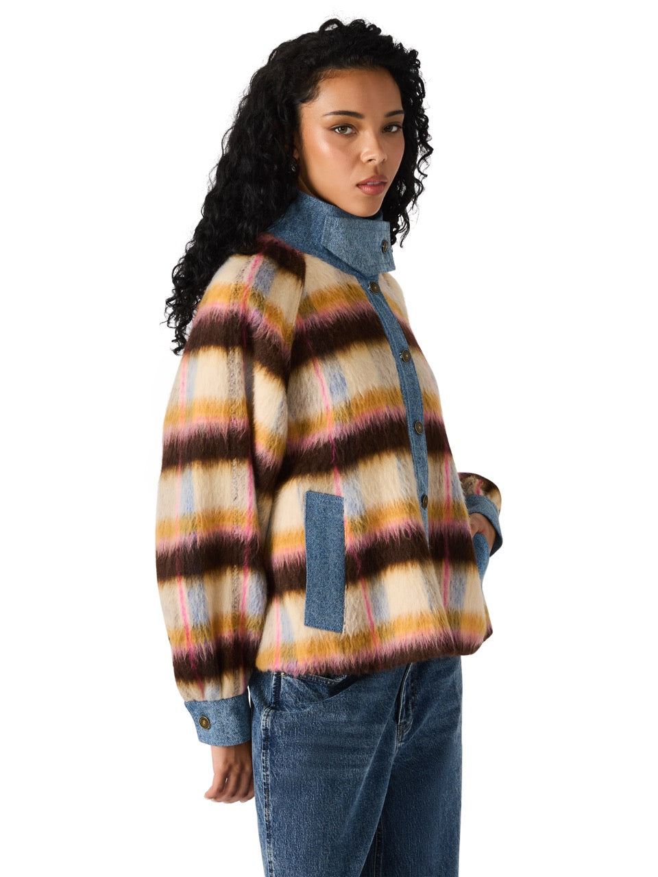 Steve Madden Kaylen Denim Stripe Wool Blend Jacket forever blue 