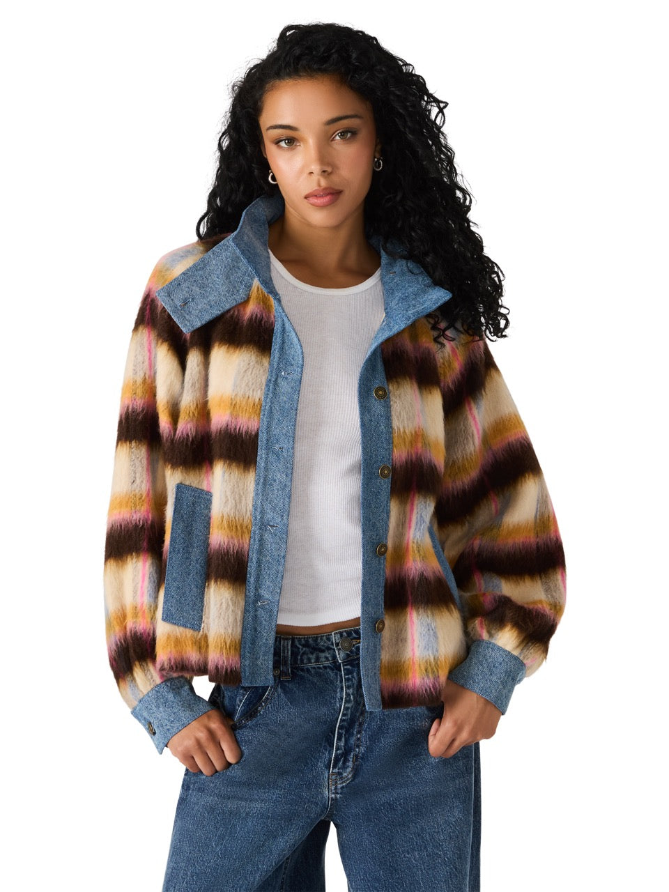 Steve Madden Kaylen Denim Stripe Wool Blend Jacket forever blue 