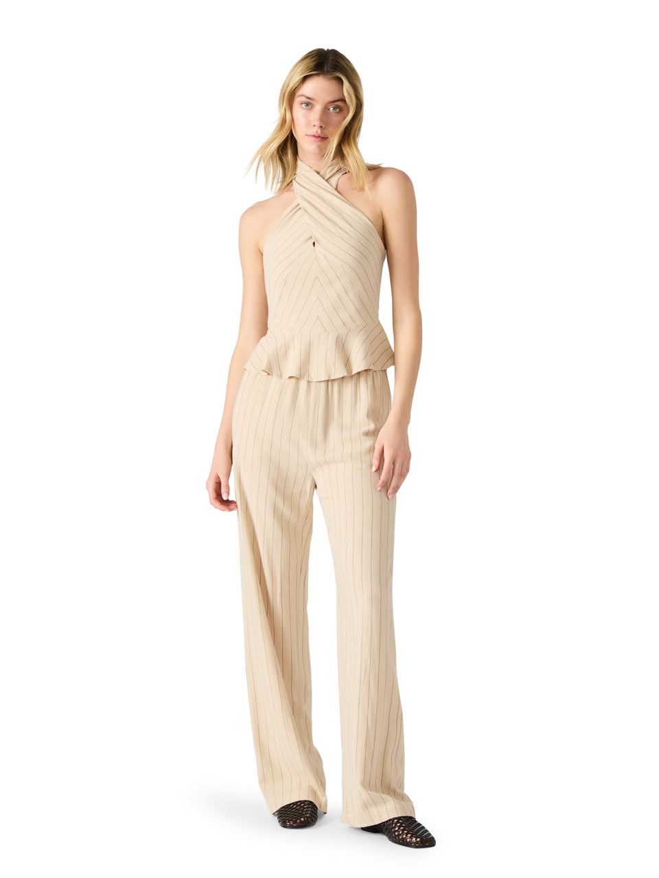 Steve Madden Kosta Stripe Crossover Peplum Halter Top Oatmeal