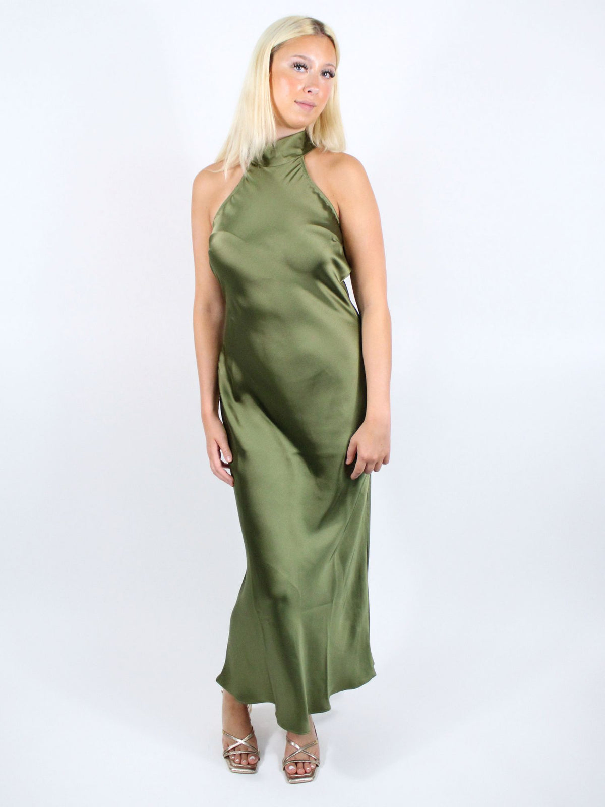 Steve Madden Lara Satin Halter Tie Dress Burnt Olive