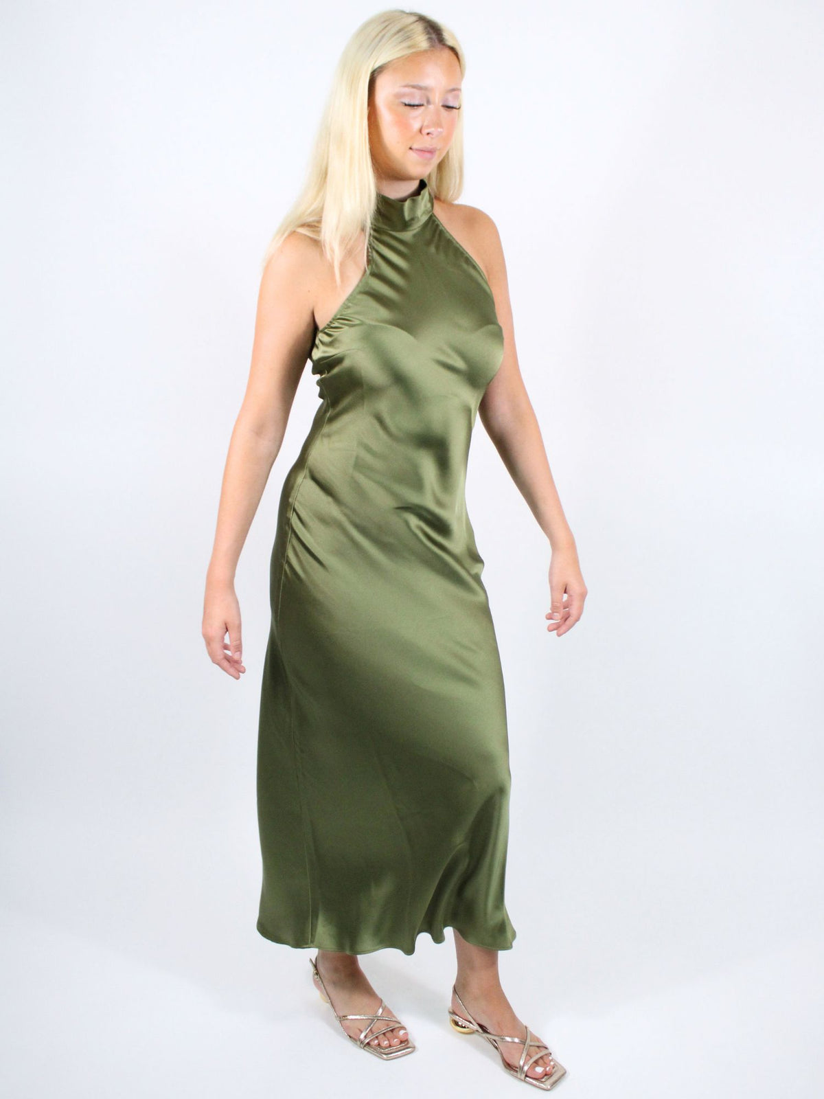 Steve Madden Lara Satin Halter Tie Dress Burnt Olive