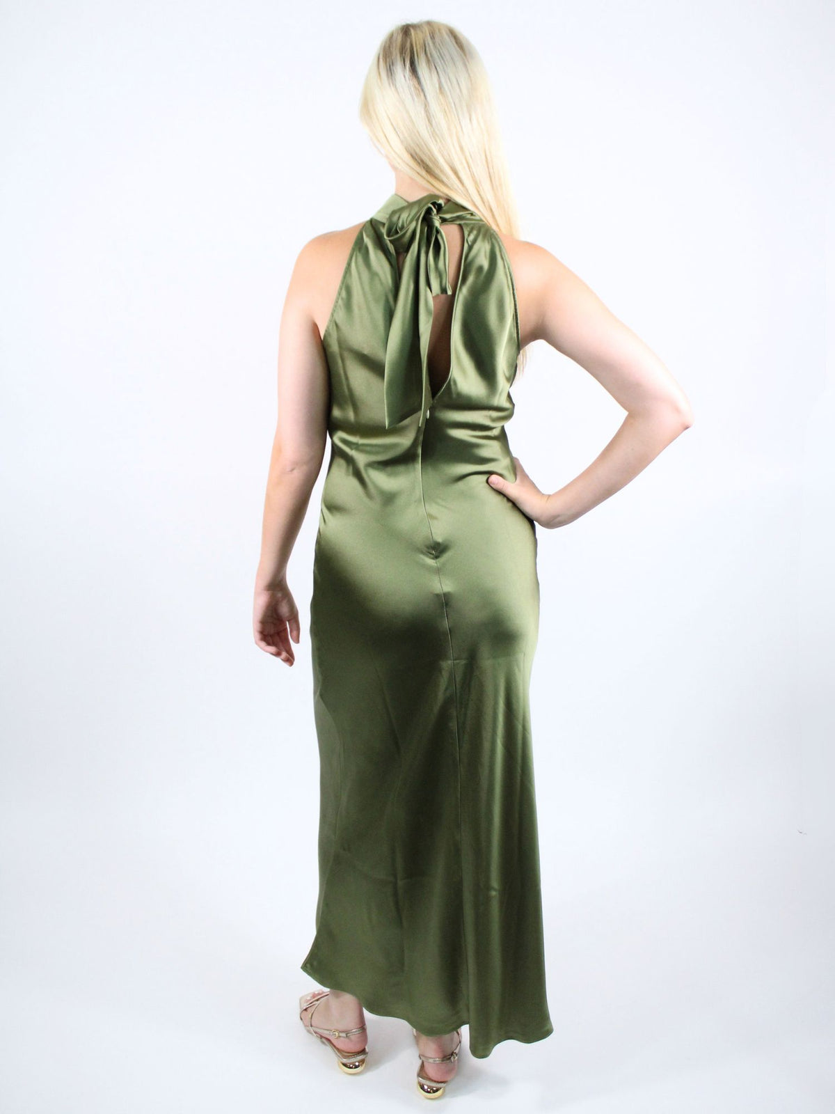 Steve Madden Lara Satin Halter Tie Dress Burnt Olive