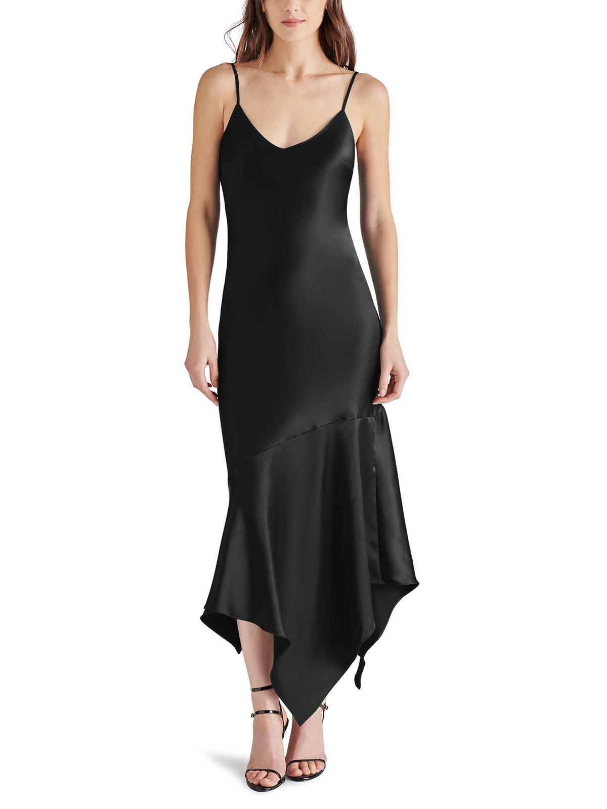 Steve Madden Lucille Satin Asymmetrical Slip Dress in Black