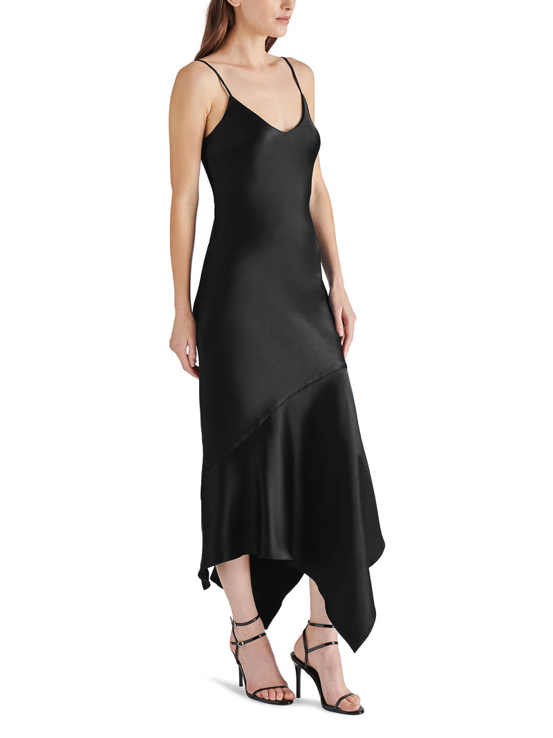 Steve Madden Lucille Satin Asymmetrical Slip Dress in Black