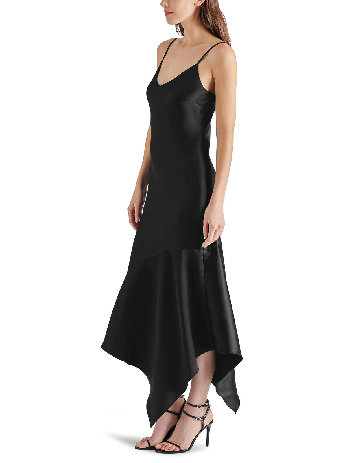 Steve Madden Lucille Satin Asymmetrical Slip Dress in Black