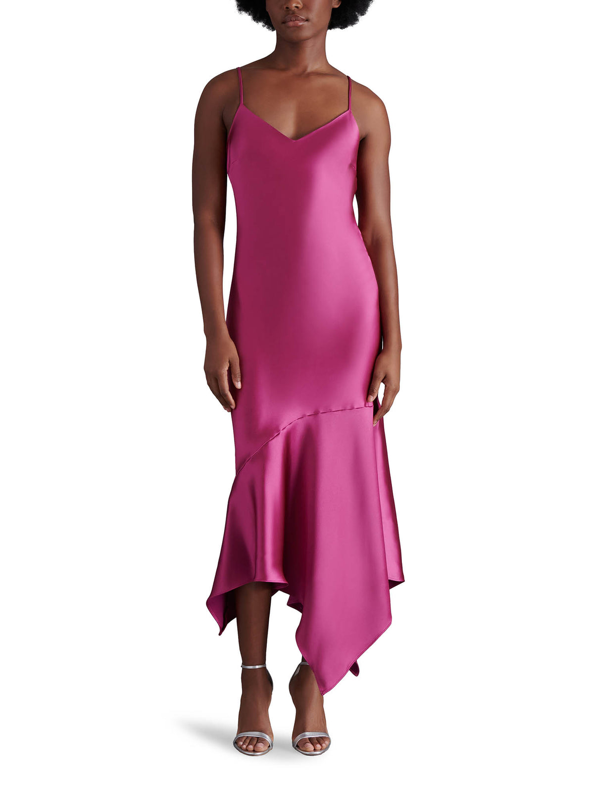 Steve Madden Lucille Satin Asymmetrical Slip Dress in Bright Rose Sorbet