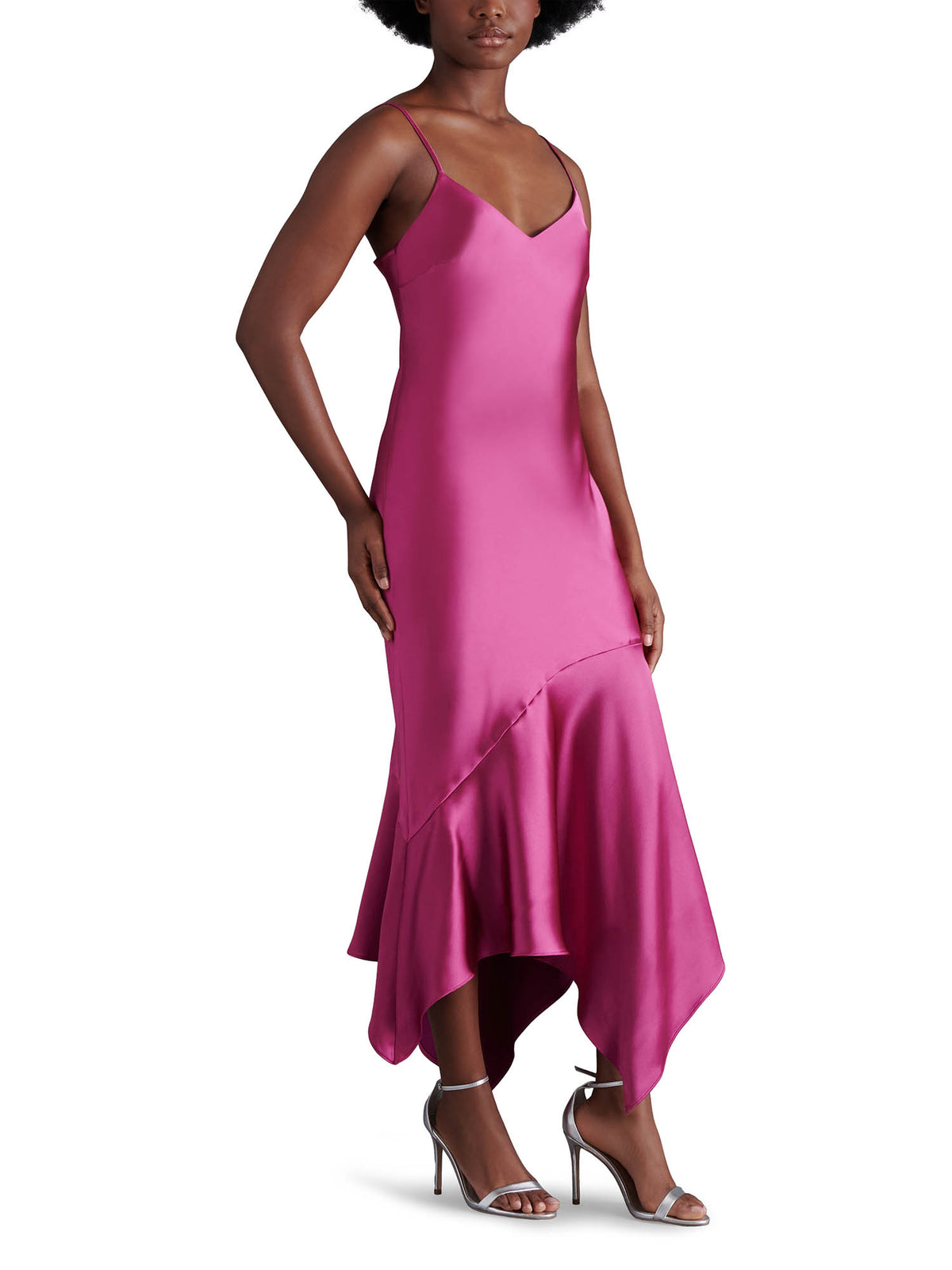 Steve Madden Lucille Satin Asymmetrical Slip Dress in Bright Rose Sorbet