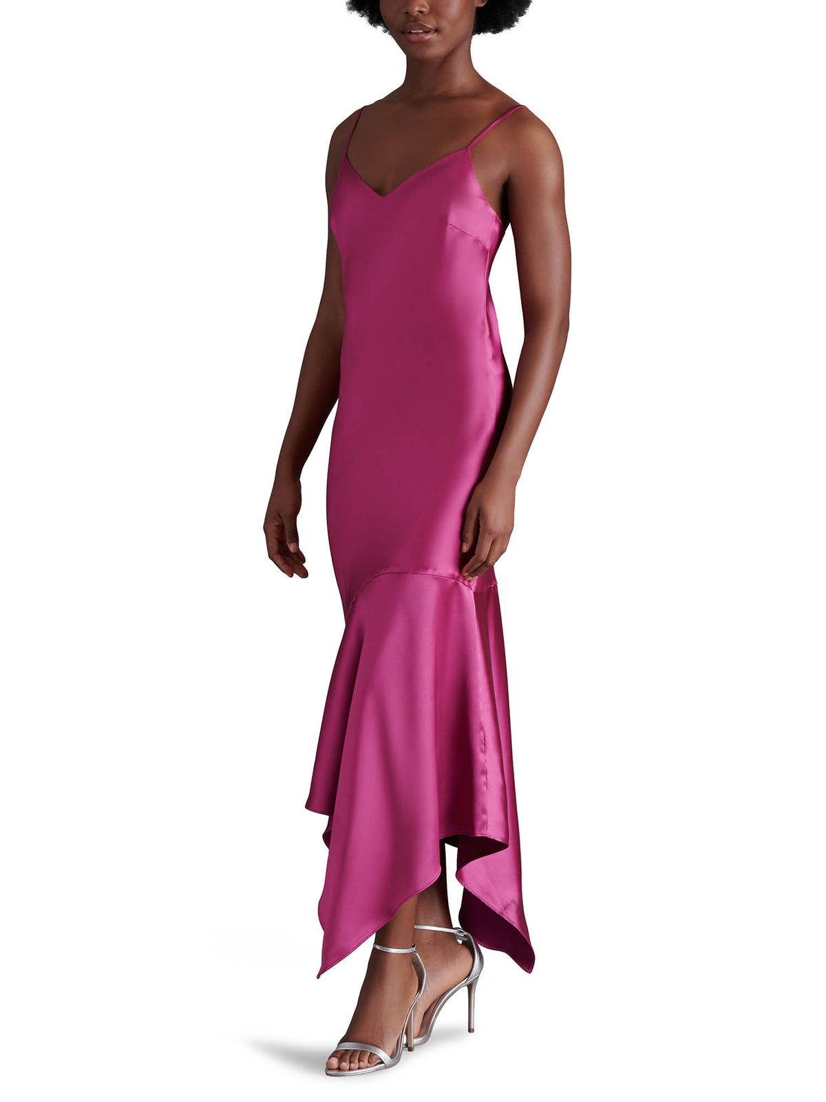 Steve Madden Lucille Satin Asymmetrical Slip Dress in Bright Rose Sorbet