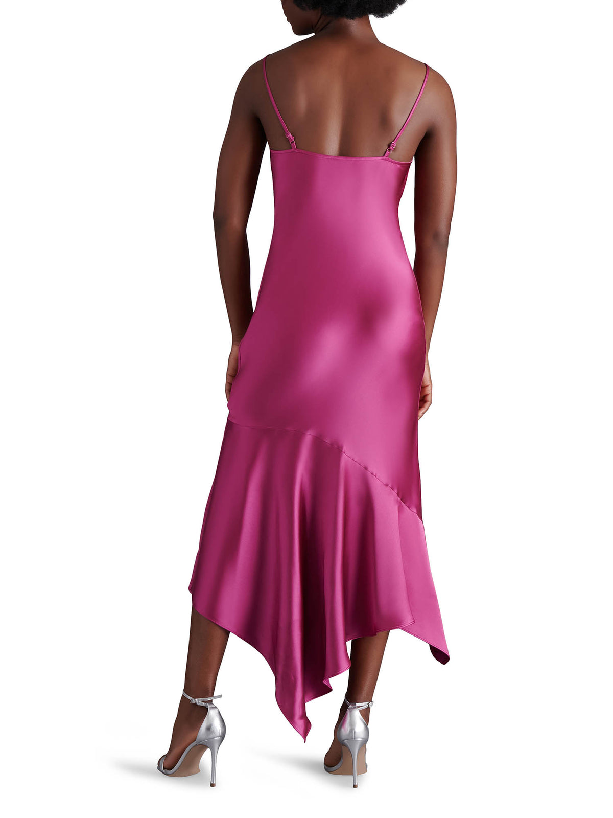 Steve Madden Lucille Satin Asymmetrical Slip Dress in Bright Rose Sorbet